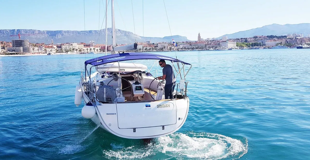 Exterior view of Smiley, a Bavaria Cruiser 37 sailboat at Split, Croatia