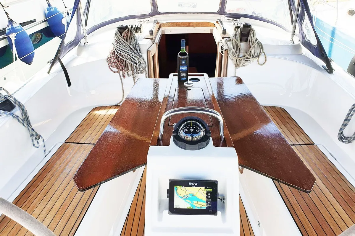 Cockpit of Smiley, a Bavaria Cruiser 37 sailboat at Split, Croatia