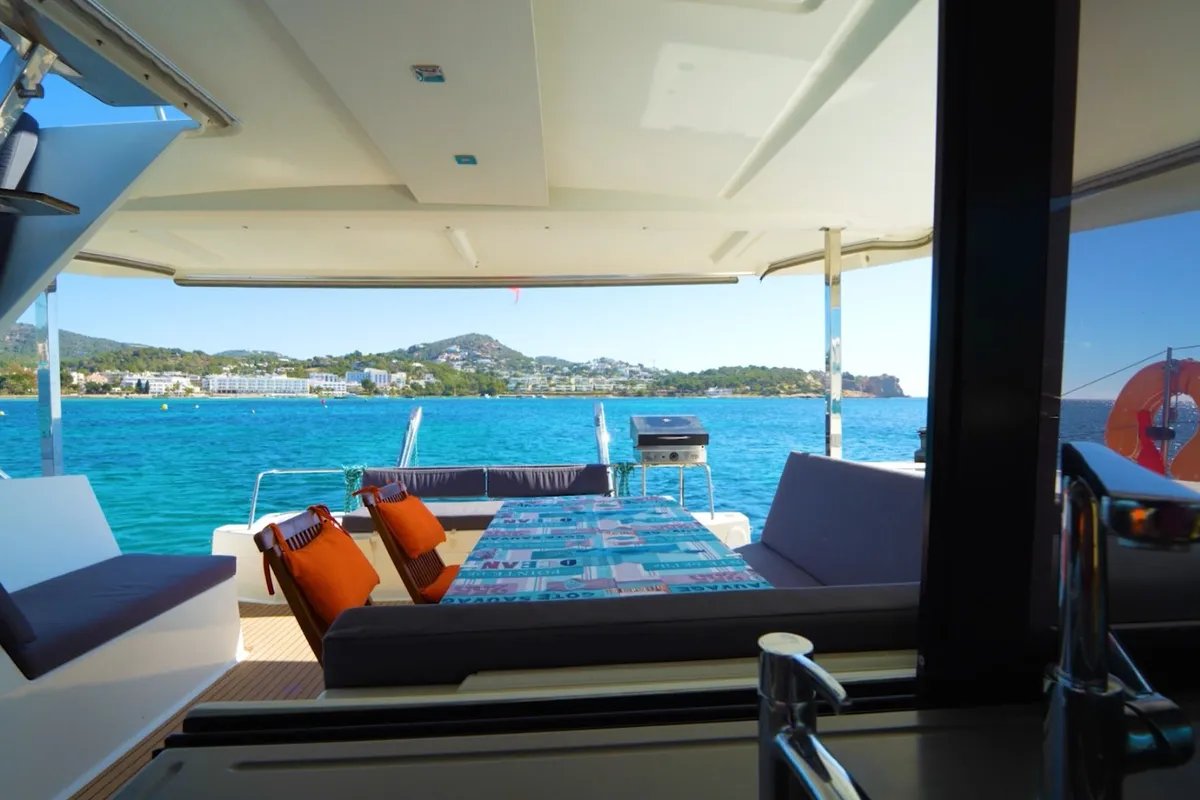 Deck of Enéa, a Fountaine Pajot Lucia 40 catamaran at Rangiroa