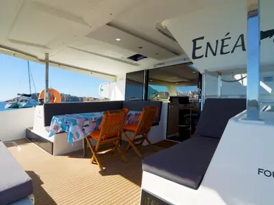 Deck of Enéa, a Fountaine Pajot Lucia 40 catamaran at Rangiroa