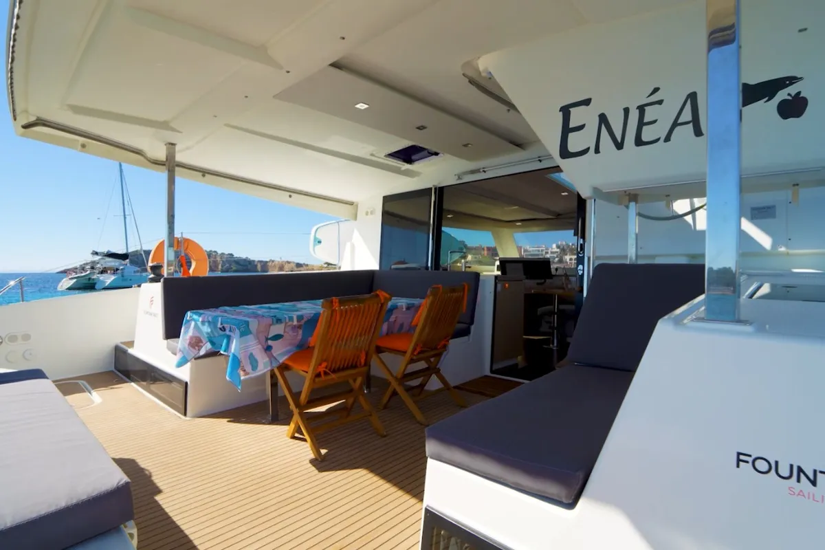 Deck of Enéa, a Fountaine Pajot Lucia 40 catamaran at Rangiroa