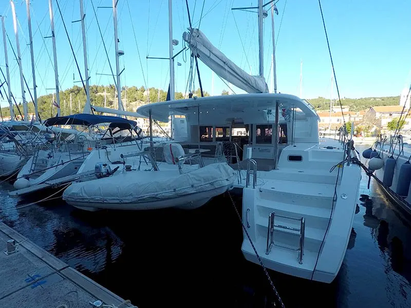 Exterior view of Saelma, a Lagoon 450 F catamaran at Grad Šibenik, Croatia