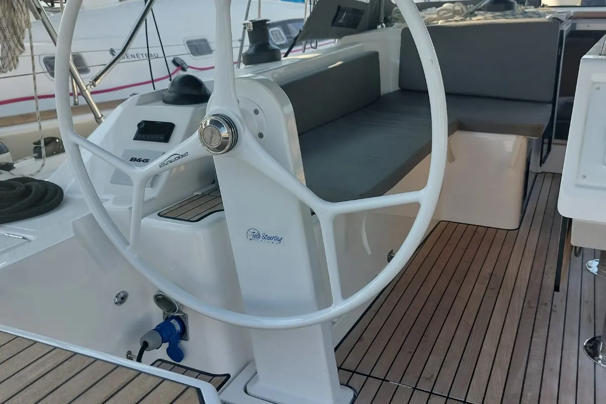 Exterior view of Marabou, a Bavaria C42 sailboat at Municipal Unit of Lefkada, Greece