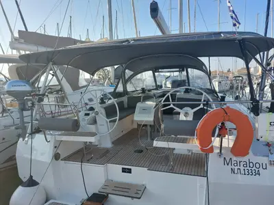 Deck of Marabou, a Bavaria C42 sailboat at Municipal Unit of Lefkada, Greece