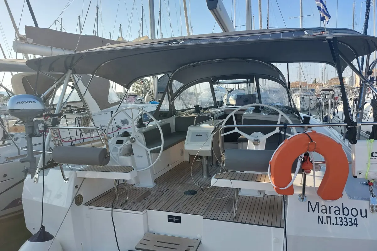 Deck of Marabou, a Bavaria C42 sailboat at Municipal Unit of Lefkada, Greece