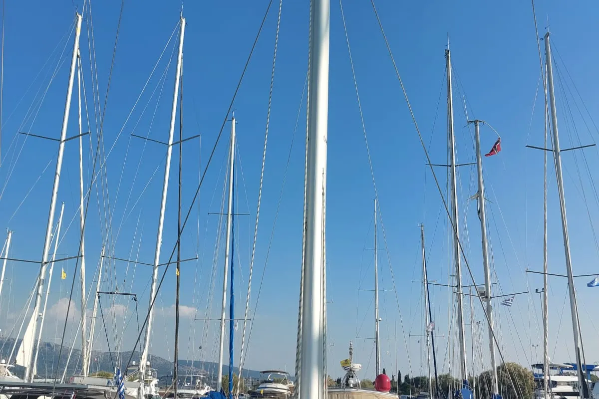 Exterior view of Marabou, a Bavaria C42 sailboat at Municipal Unit of Lefkada, Greece