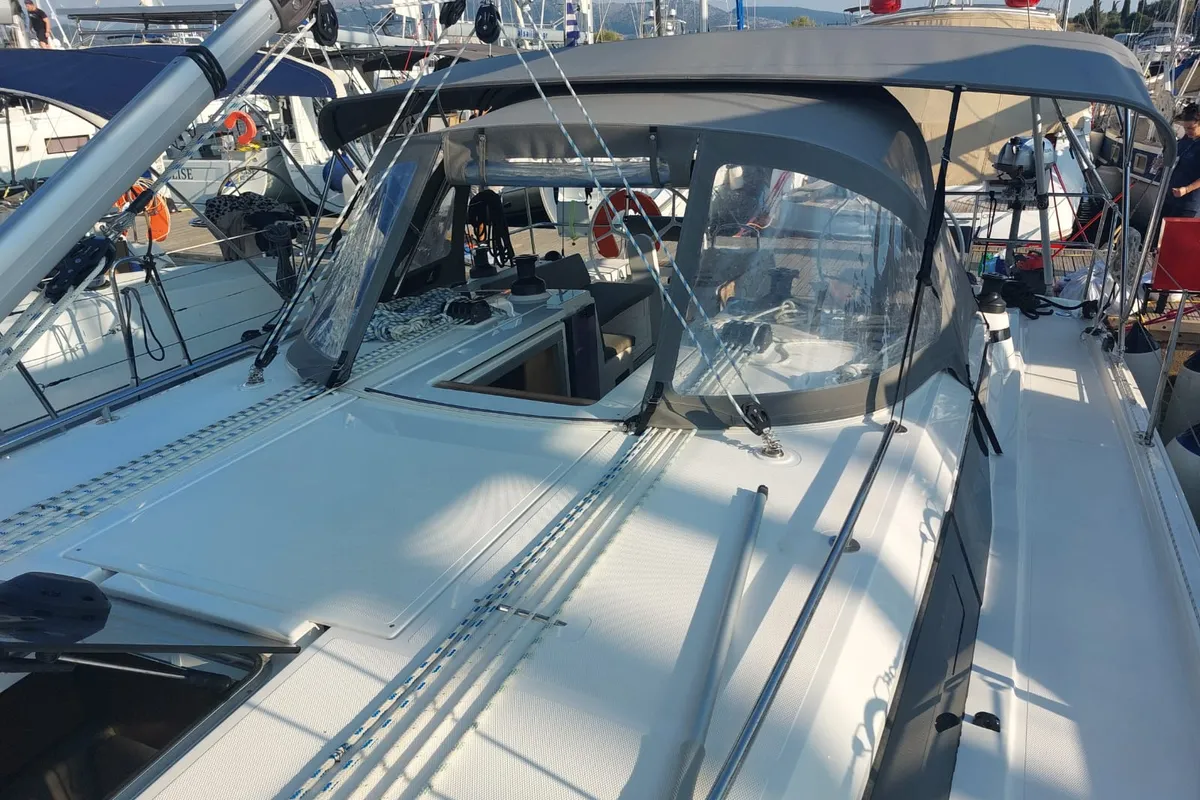 Exterior view of Marabou, a Bavaria C42 sailboat at Municipal Unit of Lefkada, Greece