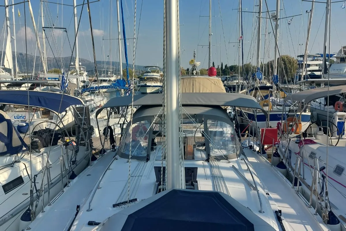 Deck of Marabou, a Bavaria C42 sailboat at Municipal Unit of Lefkada, Greece