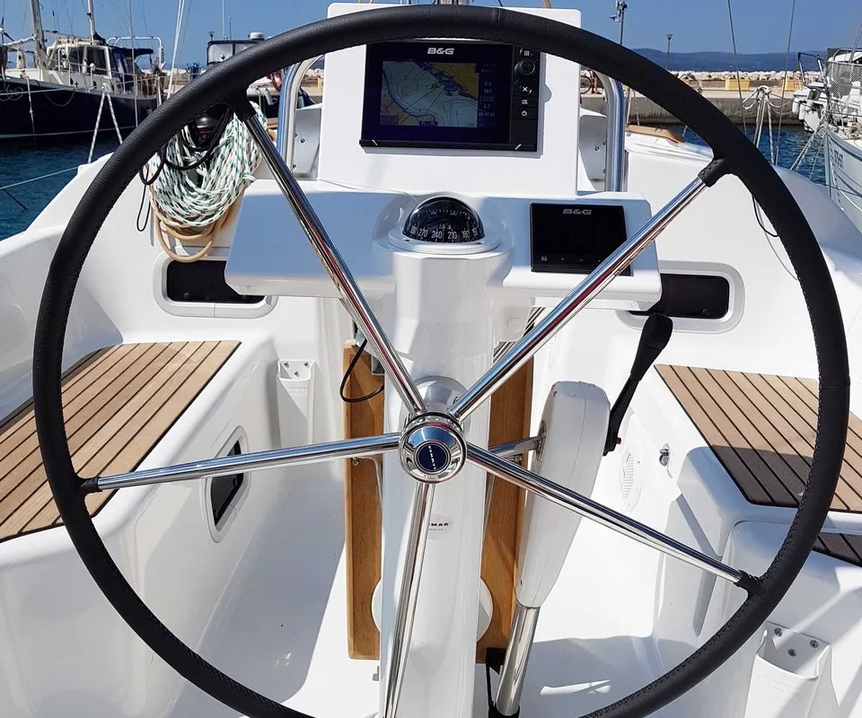 Cockpit of Honey, a Beneteau Oceanis 31 sailboat at Split, Croatia