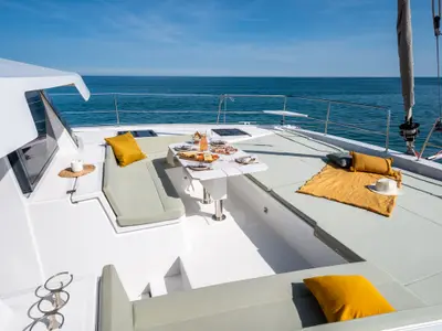Deck of PANDA, a Bali 4.6 catamaran at Olbia, Italy