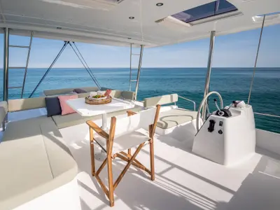 Cockpit of PANDA, a Bali 4.6 catamaran at Olbia, Italy