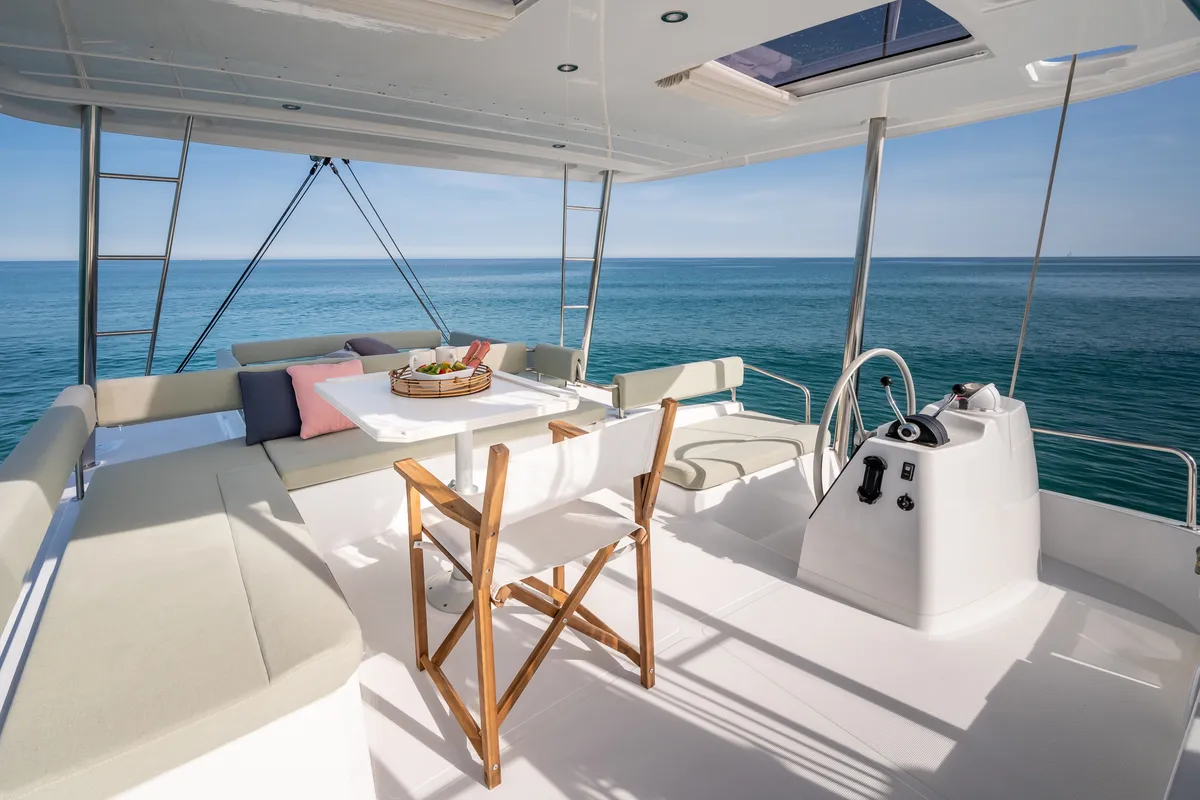 Cockpit of PANDA, a Bali 4.6 catamaran at Olbia, Italy