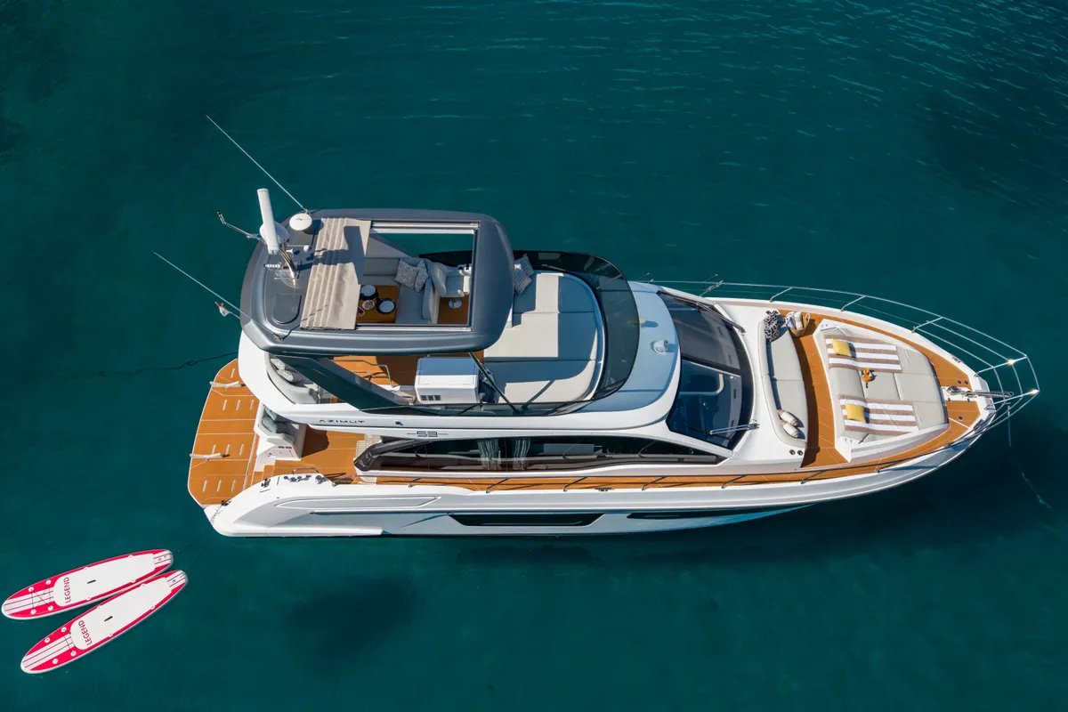 Deck of White, a Azimut 53 Fly motor yacht at Podstrana - Miljevac, Croatia