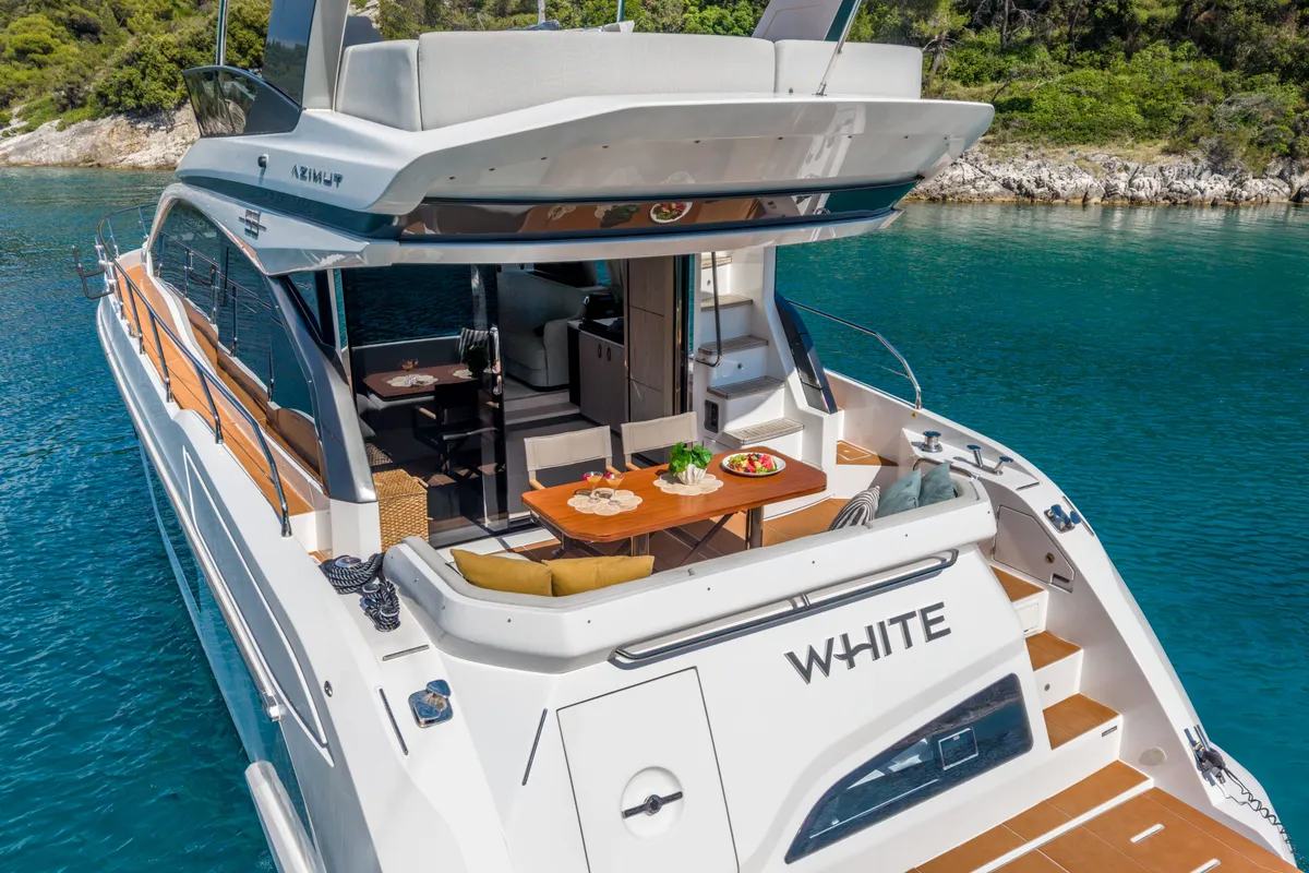 Cockpit of White, a Azimut 53 Fly motor yacht at Podstrana - Miljevac, Croatia