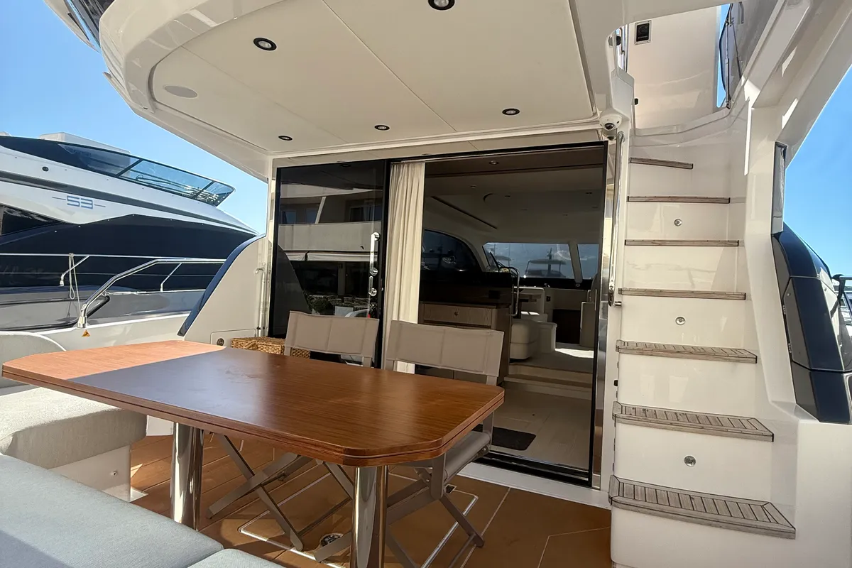 Deck of White, a Azimut 53 Fly motor yacht at Podstrana - Miljevac, Croatia