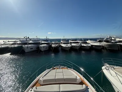 Deck of White, a Azimut 53 Fly motor yacht at Podstrana - Miljevac, Croatia