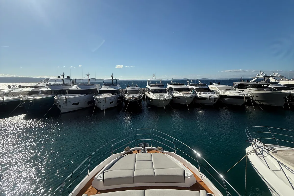 Deck of White, a Azimut 53 Fly motor yacht at Podstrana - Miljevac, Croatia
