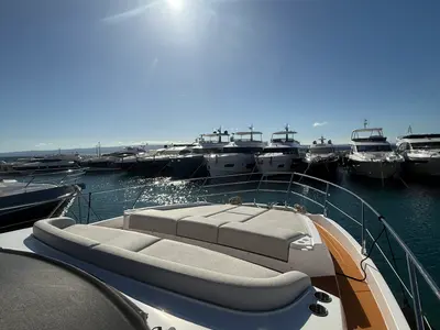Deck of White, a Azimut 53 Fly motor yacht at Podstrana - Miljevac, Croatia