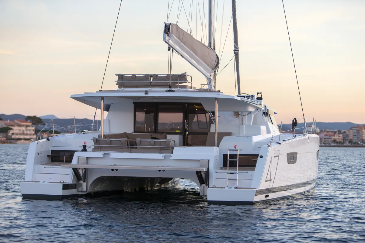 Exterior view of Lucky Alexandra, a Fountaine Pajot Saona 47 catamaran at Grad Pula, Croatia