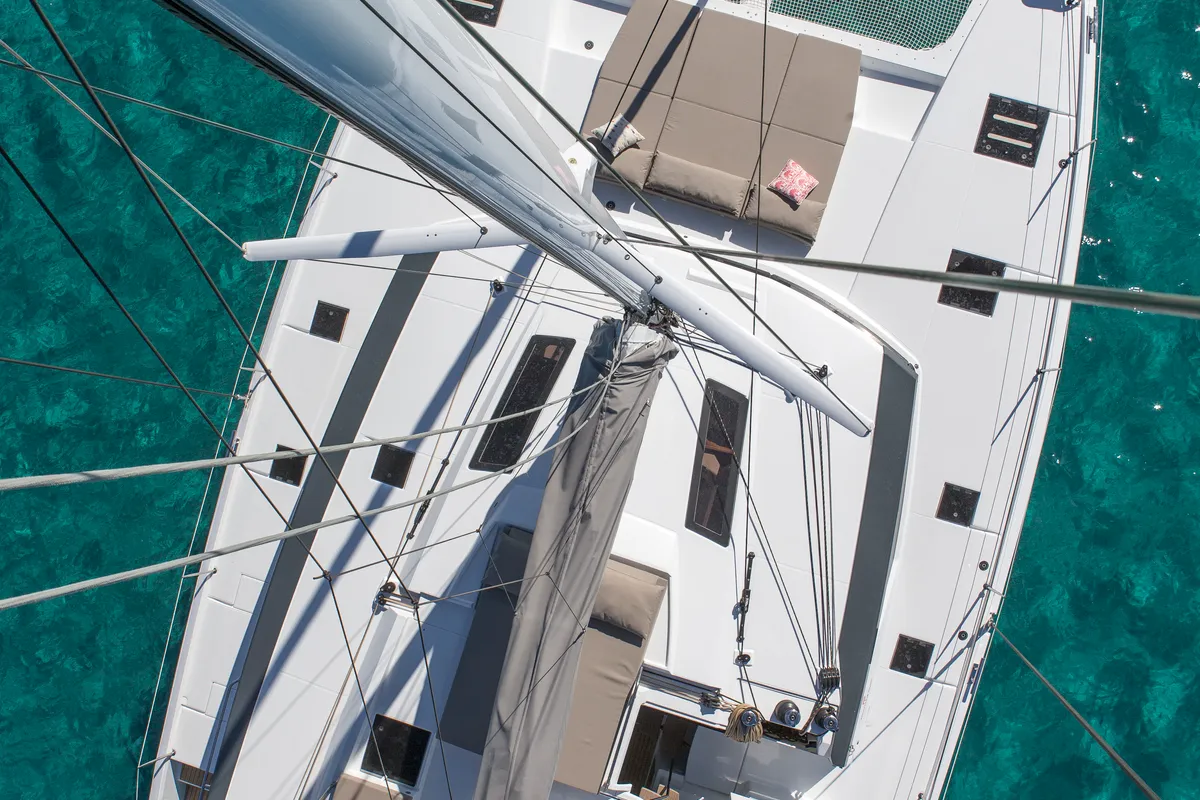 Deck of Lucky Alexandra, a Fountaine Pajot Saona 47 catamaran at Grad Pula, Croatia