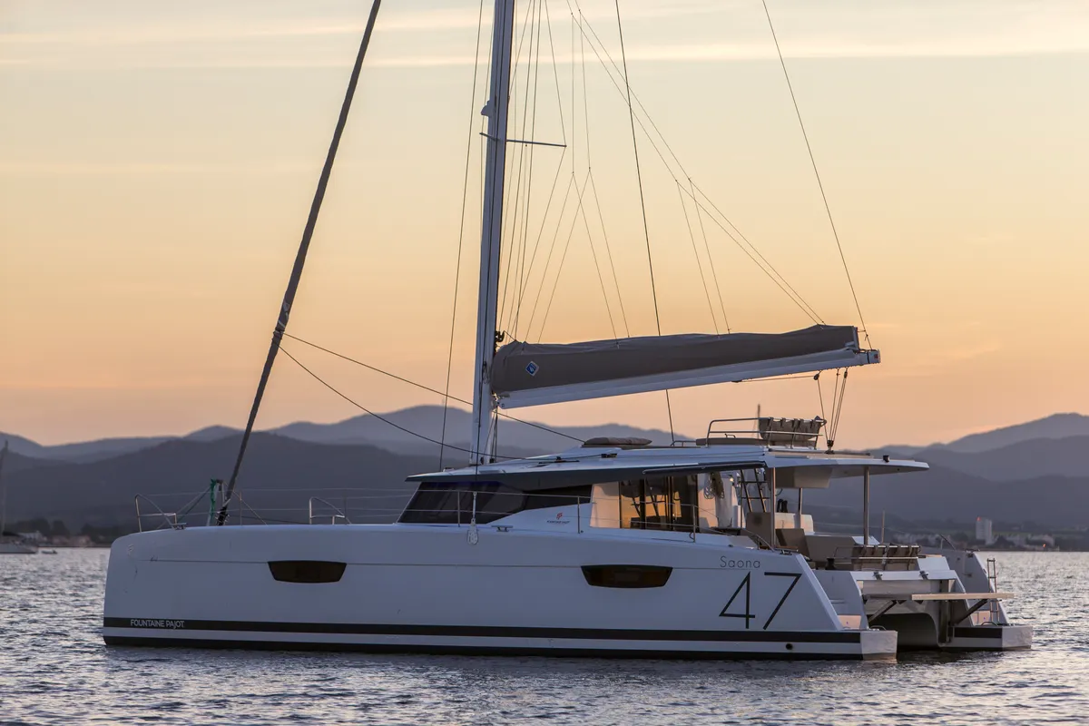 Exterior view of Lucky Alexandra, a Fountaine Pajot Saona 47 catamaran at Grad Pula, Croatia
