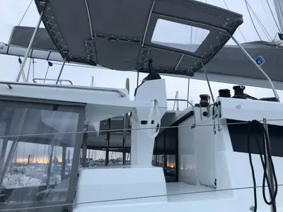 Cockpit of Lucky Alexandra, a Fountaine Pajot Saona 47 catamaran at Grad Pula, Croatia