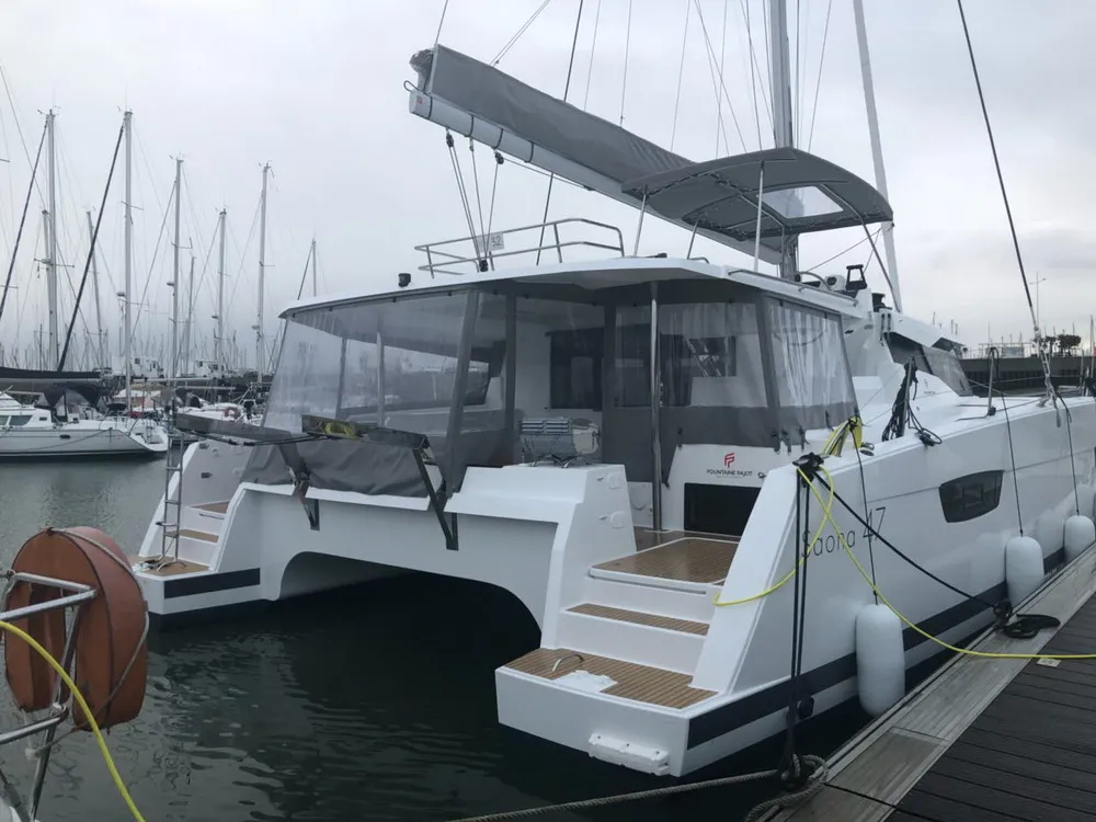 Exterior view of Lucky Alexandra, a Fountaine Pajot Saona 47 catamaran at Grad Pula, Croatia