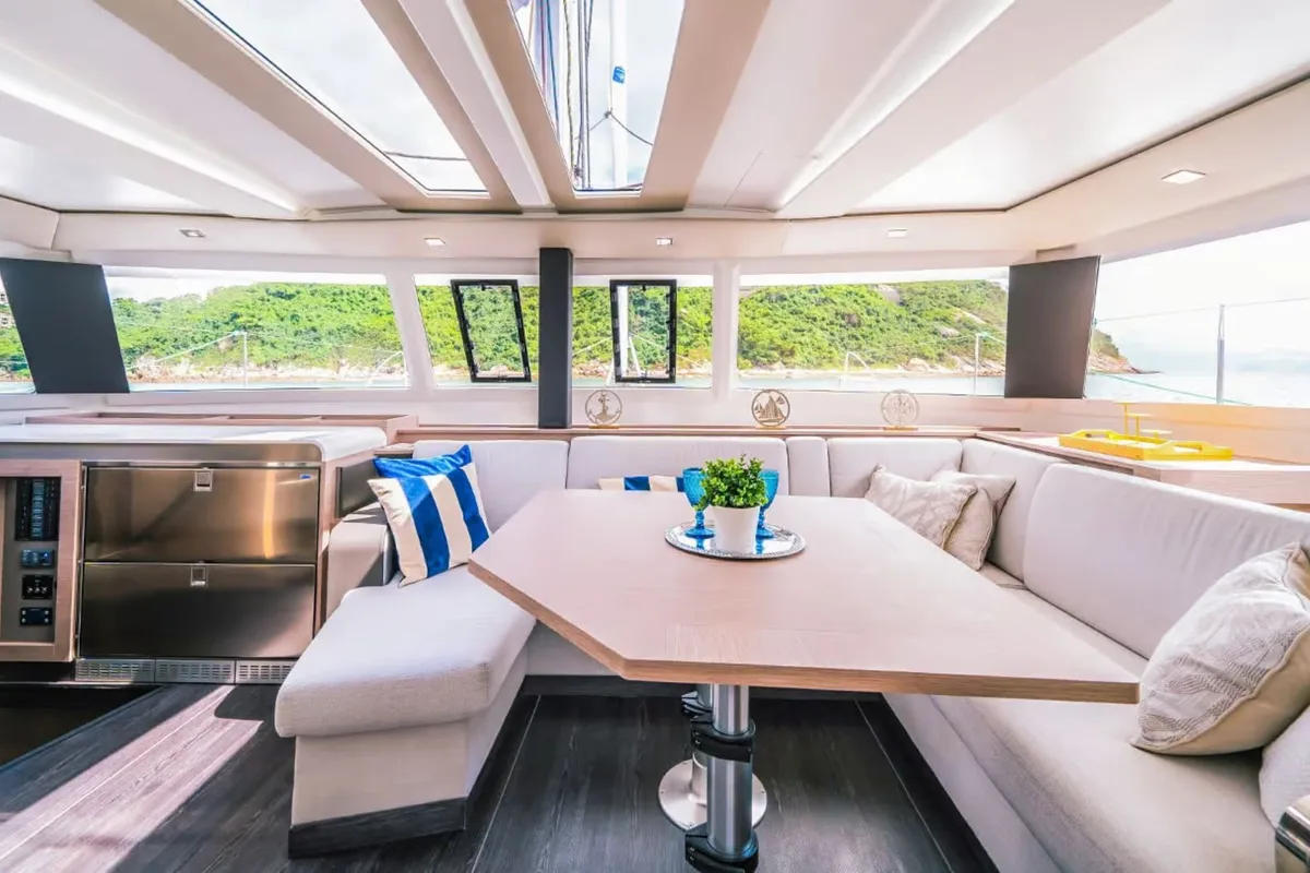 Salon of Blue Angel, a Fountaine Pajot Tanna 47 catamaran at Fethiye, Turkey