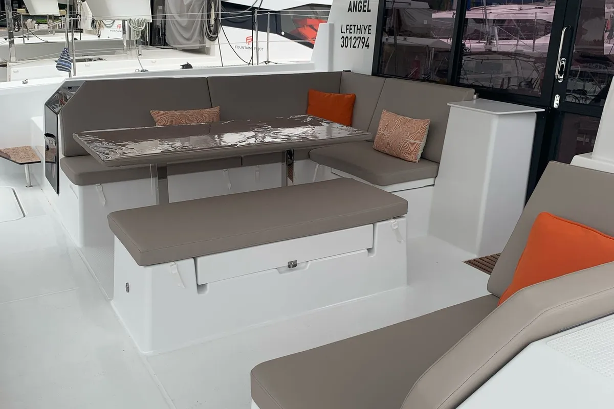 Deck of Blue Angel, a Fountaine Pajot Tanna 47 catamaran at Fethiye, Turkey