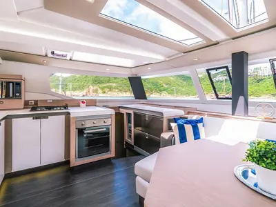 Galley of Blue Angel, a Fountaine Pajot Tanna 47 catamaran at Fethiye, Turkey