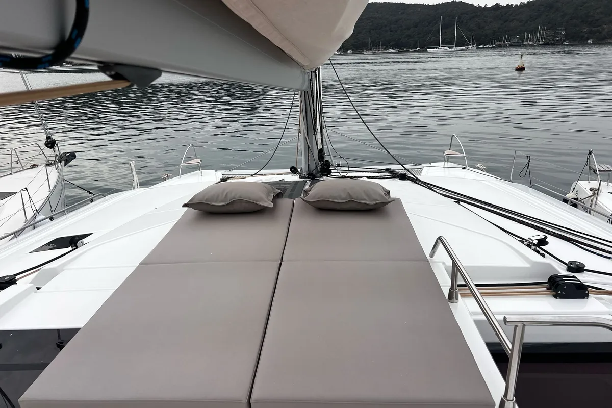 Deck of Blue Angel, a Fountaine Pajot Tanna 47 catamaran at Fethiye, Turkey