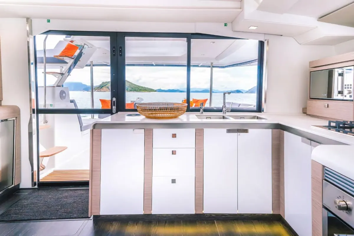 Galley of Blue Angel, a Fountaine Pajot Tanna 47 catamaran at Fethiye, Turkey