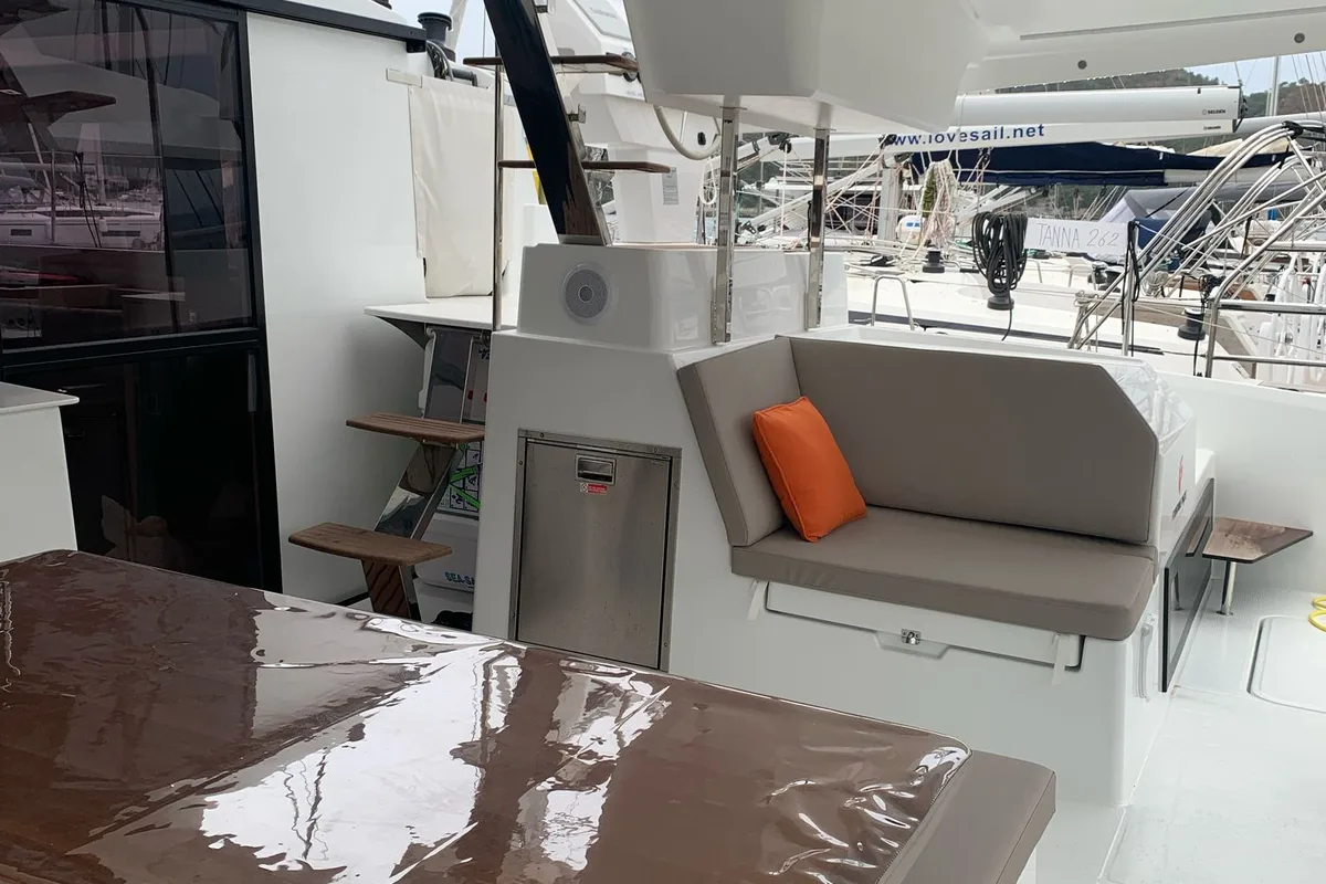 Deck of Blue Angel, a Fountaine Pajot Tanna 47 catamaran at Fethiye, Turkey