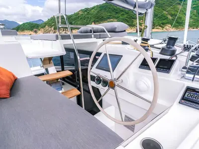 Cockpit of Blue Angel, a Fountaine Pajot Tanna 47 catamaran at Fethiye, Turkey