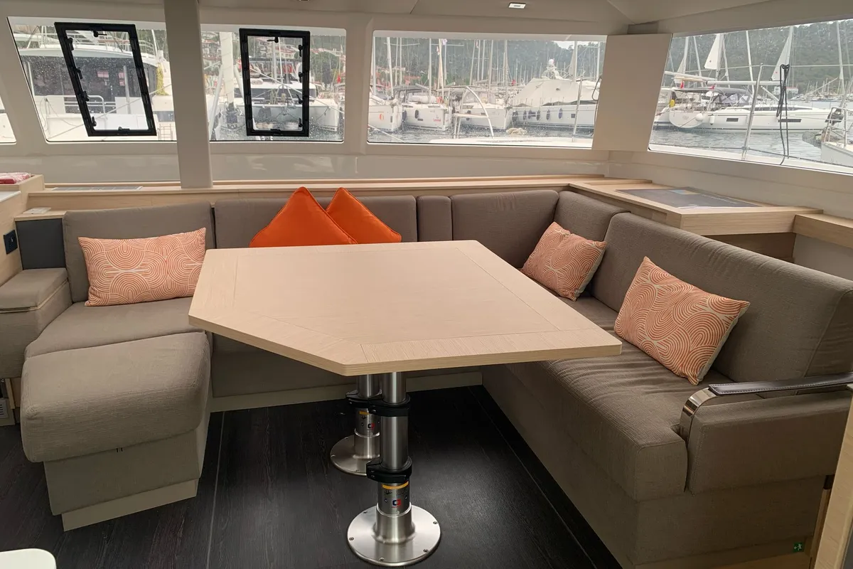 Salon of Blue Angel, a Fountaine Pajot Tanna 47 catamaran at Fethiye, Turkey