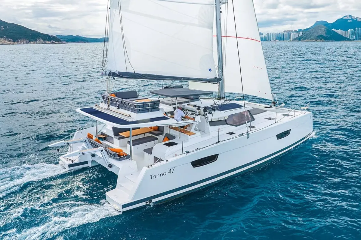 Exterior view of Blue Angel, a Fountaine Pajot Tanna 47 catamaran at Fethiye, Turkey