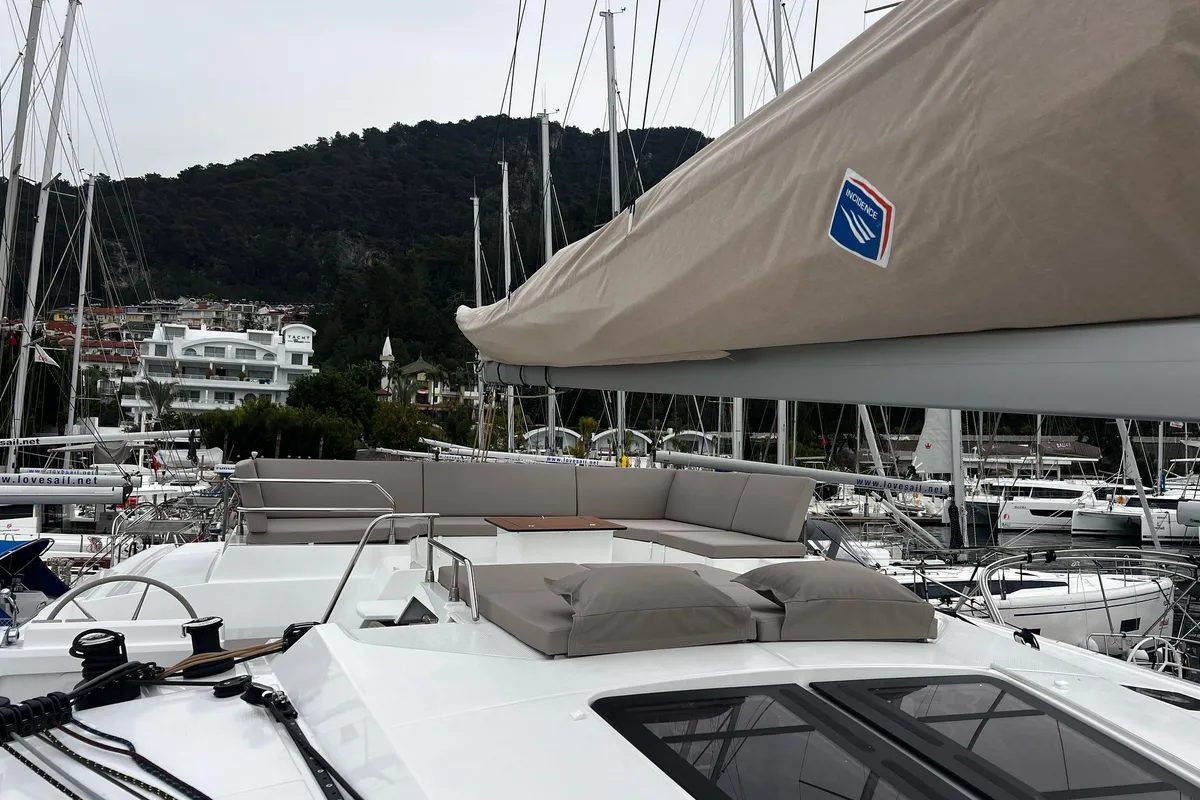 Deck of Blue Angel, a Fountaine Pajot Tanna 47 catamaran at Fethiye, Turkey