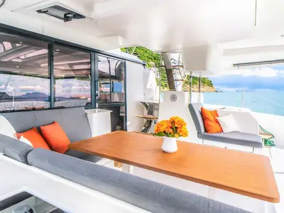 Deck of Blue Angel, a Fountaine Pajot Tanna 47 catamaran at Fethiye, Turkey