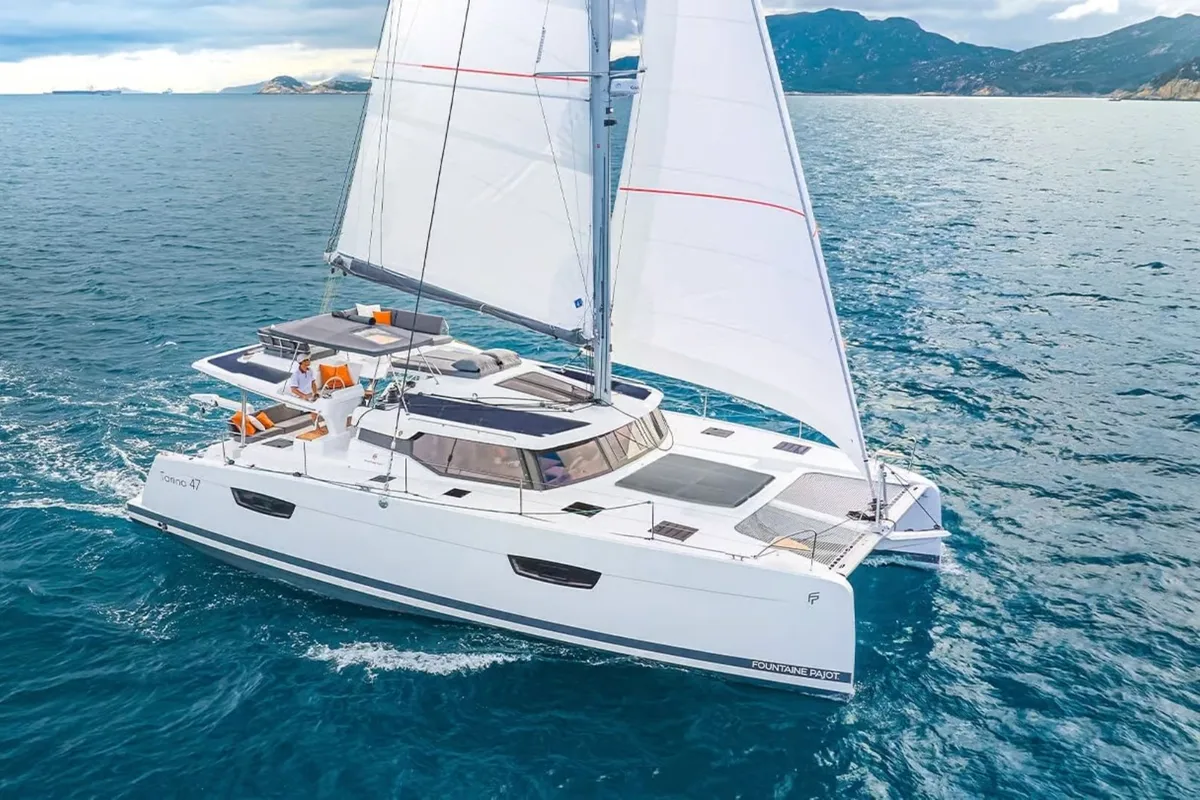 Exterior view of Blue Angel, a Fountaine Pajot Tanna 47 catamaran at Fethiye, Turkey
