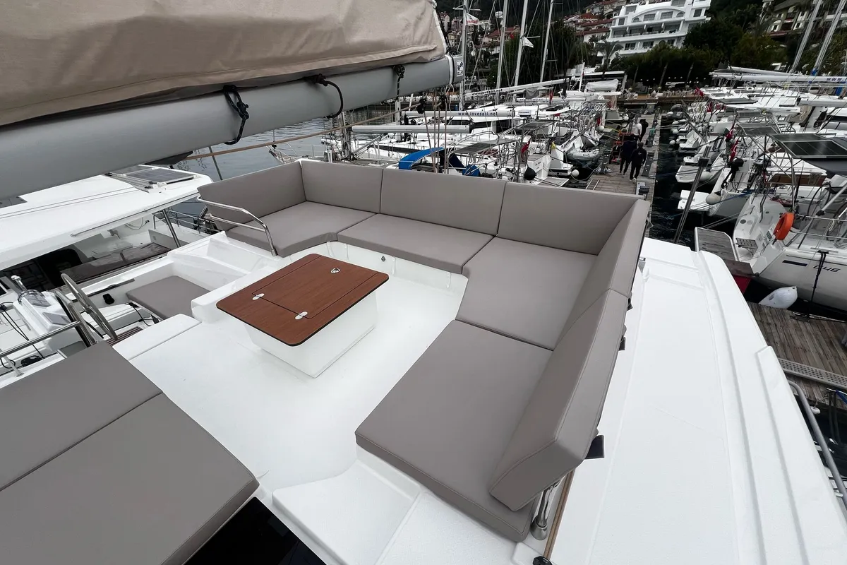 Deck of Blue Angel, a Fountaine Pajot Tanna 47 catamaran at Fethiye, Turkey