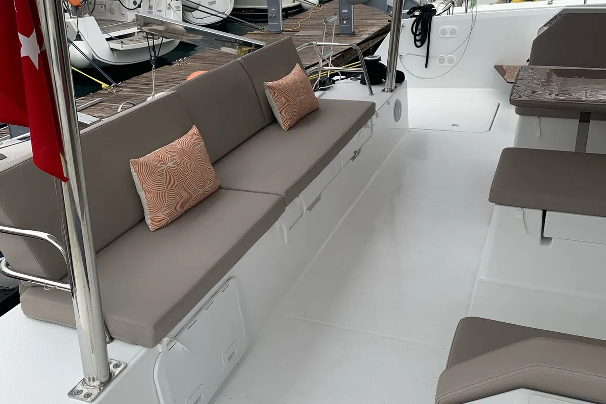 Deck of Blue Angel, a Fountaine Pajot Tanna 47 catamaran at Fethiye, Turkey