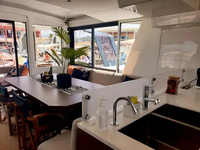 Salon of Ecstasis, a Bali 4.6 catamaran at Municipal Unit of Lefkada, Greece