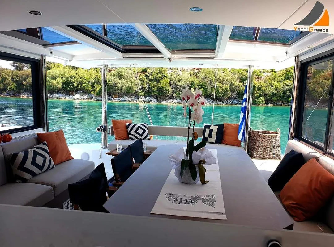 Deck of Ecstasis, a Bali 4.6 catamaran at Municipal Unit of Lefkada, Greece