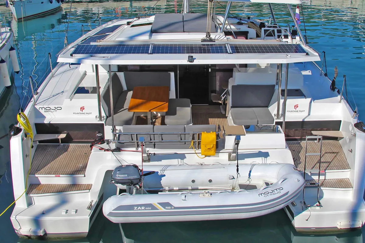 Exterior view of Mojo, a Fountaine Pajot Astrea 42 catamaran at Split, Croatia
