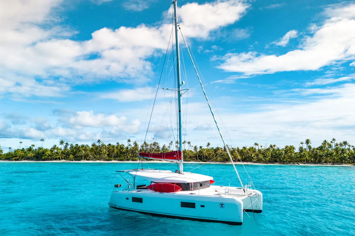 Exterior view of Poe Hina, a Lagoon 42 catamaran at Papeete, France