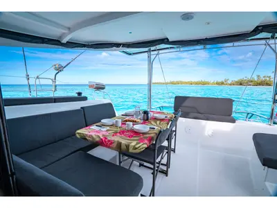 Deck of Poe Hina, a Lagoon 42 catamaran at Papeete, France