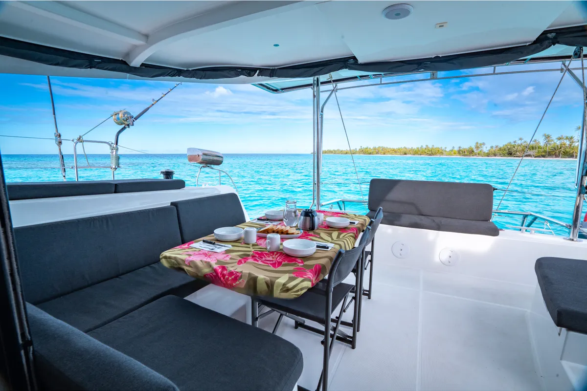 Deck of Poe Hina, a Lagoon 42 catamaran at Papeete, France