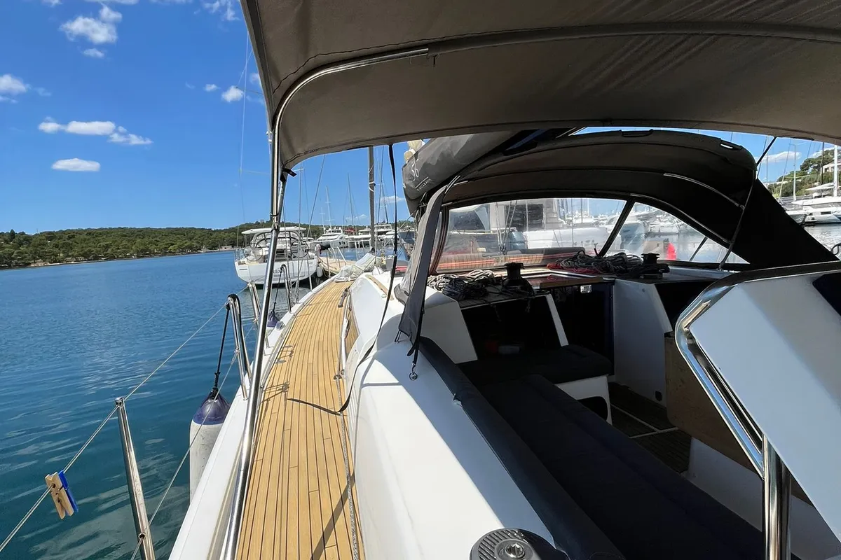 Exterior view of Epsilon, a Dufour 56 Exclusive sailboat at Šibenik, Croatia