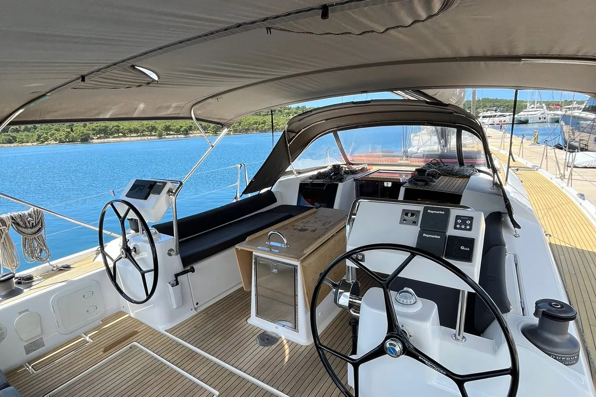 Exterior view of Epsilon, a Dufour 56 Exclusive sailboat at Šibenik, Croatia