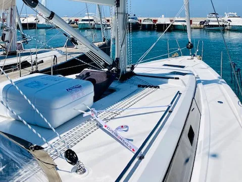 Deck of Sakura J, a Bavaria C42 sailboat at Punta Ala, Italy